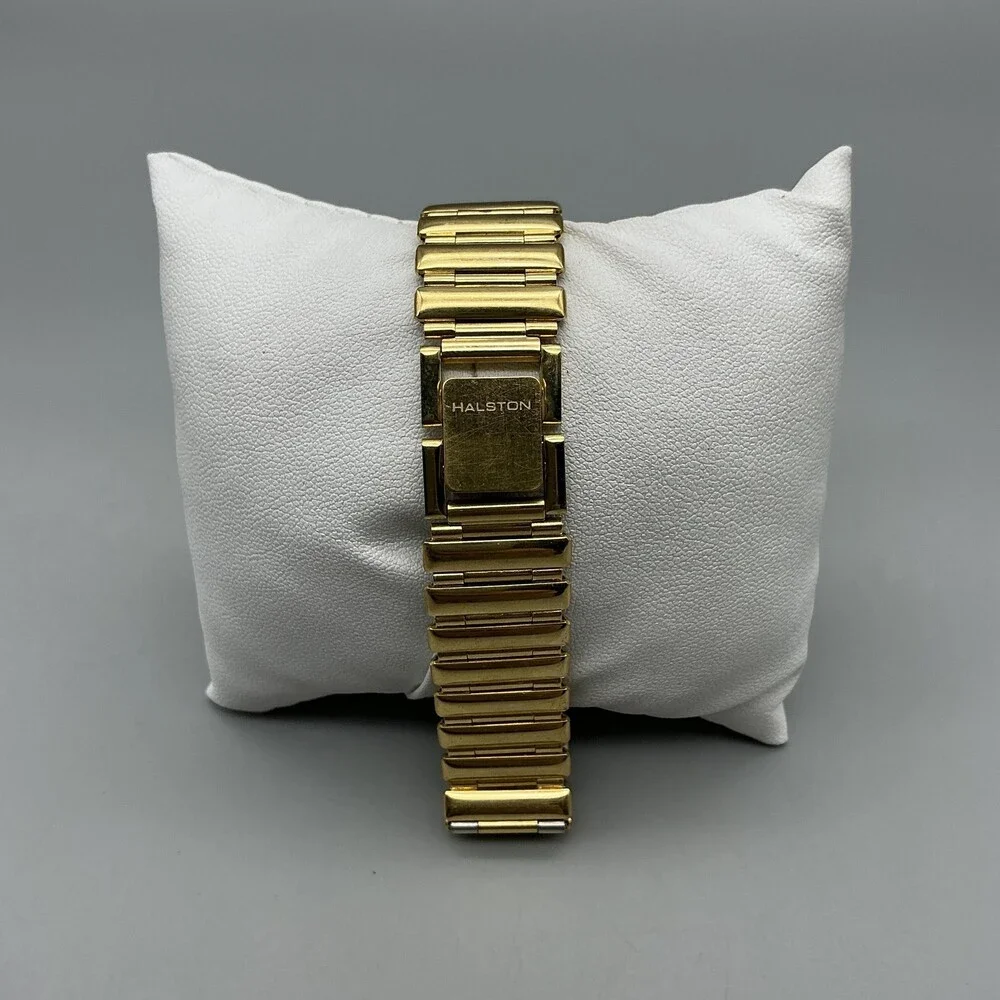 Vintage Halston Womens Watch 32mm Gold Tone White Dial Bracelet New Battery 8.5